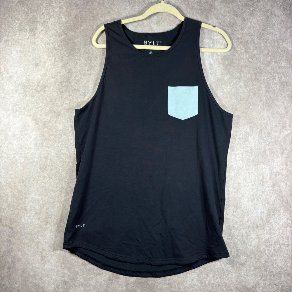 BYLT Tank Top Mens XL Blue Drop Cut Pocket Tank Lux Curved Hem Athletic Gym Run